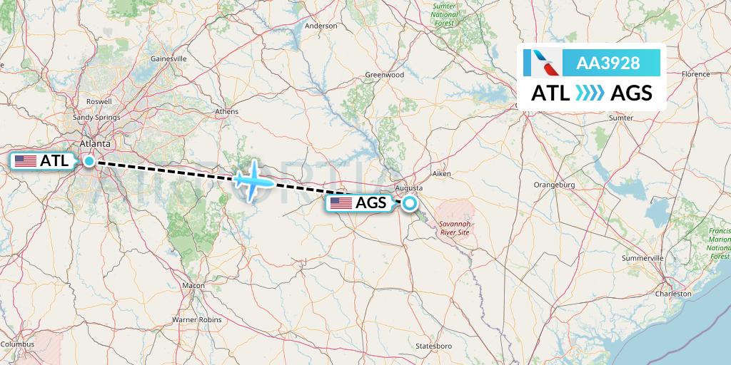 AA3928 American Airlines Flight Map: Atlanta to Augusta