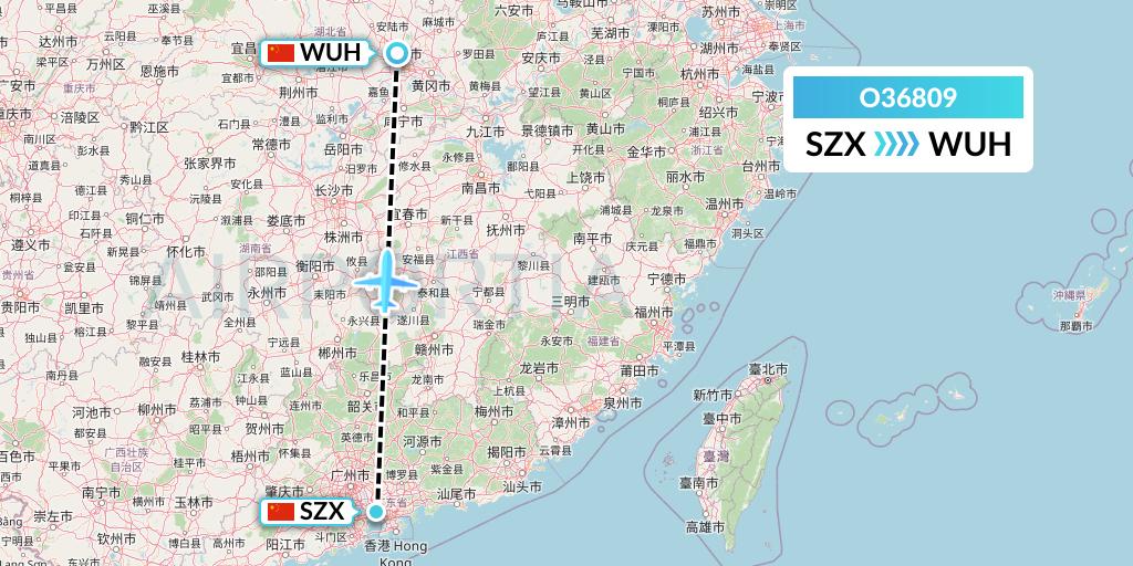 O36809 SF Airlines Flight Map: Shenzhen to Wuhan