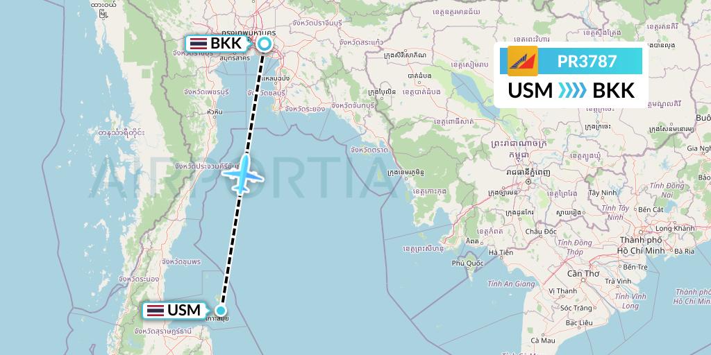 PR3787 Philippine Airlines Flight Map: Koh Samui to Bangkok