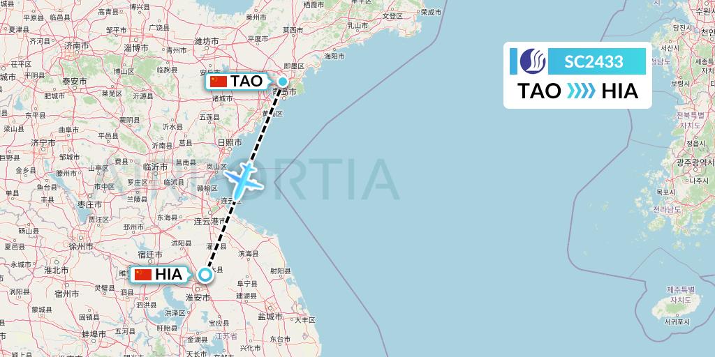 SC2433 Shandong Airlines Flight Map: Qingdao to Huai'an