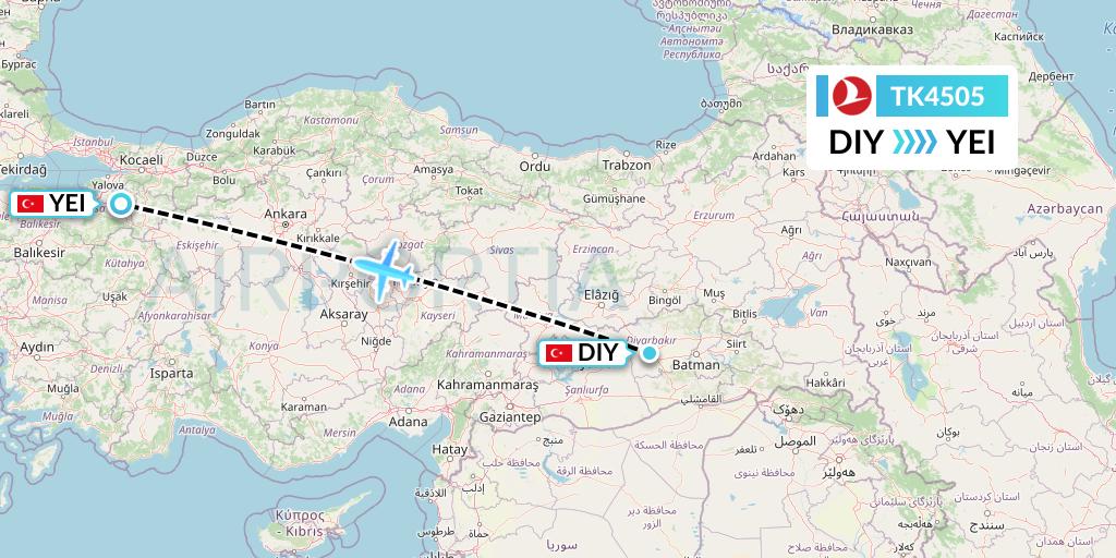 TK4505 Turkish Airlines Flight Map: Diyarbakir to Bursa