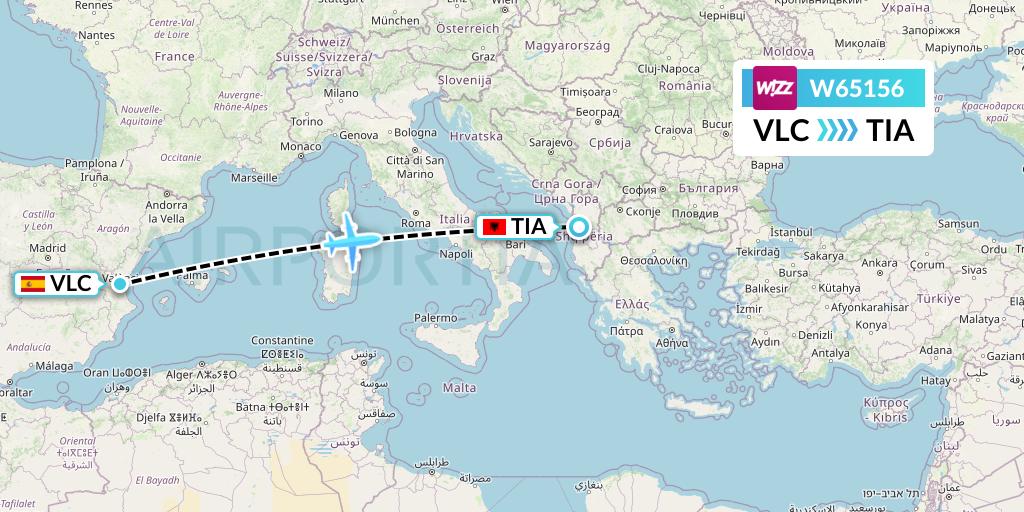 W65156 Wizz Air Flight Map: Valencia to Tirana