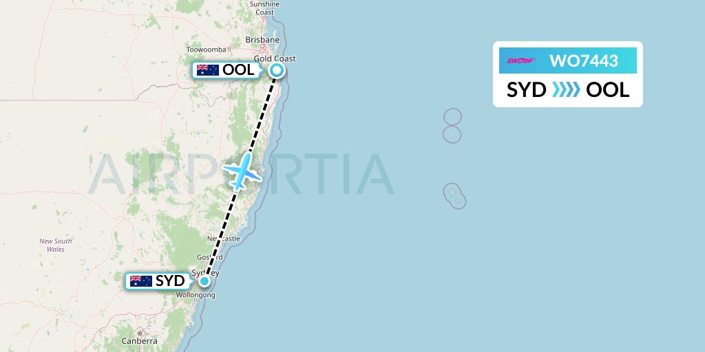 WO7443 Swoop Flight Map: Sydney to Gold Coast