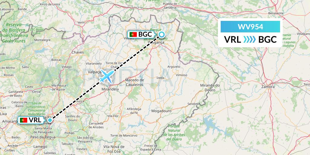 WV954 Flynamibia Flight Map: Vila Real to Portugal