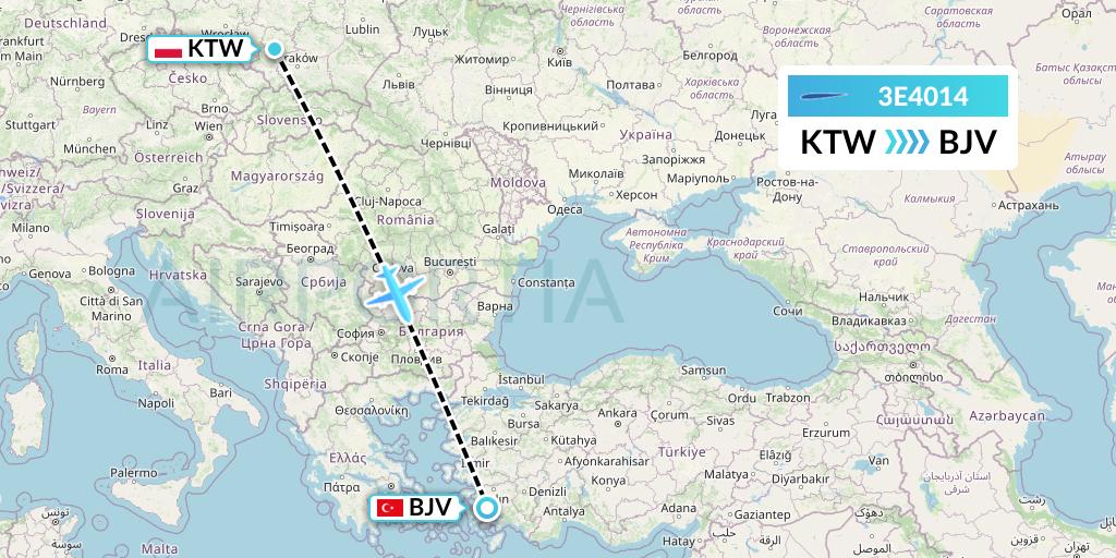 3E4014 Air Choice One Flight Map: Katowice to Bodrum