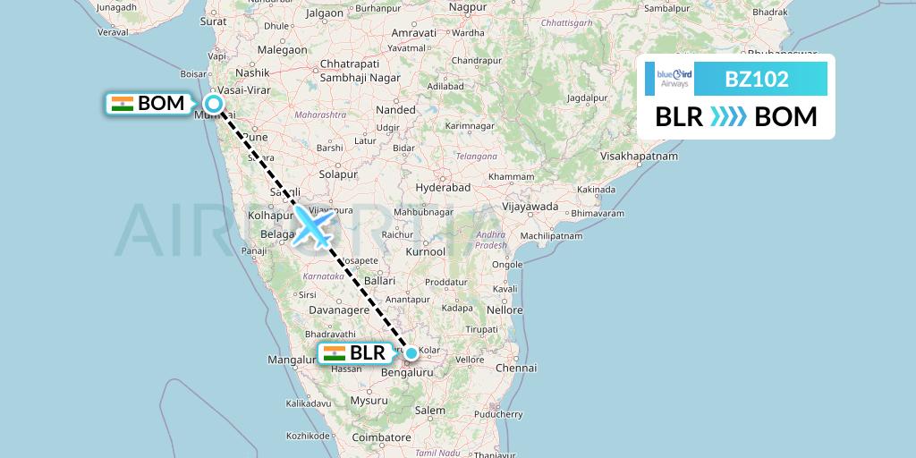 BZ102 Bluebird Airways Flight Map: Bangalore to Mumbai