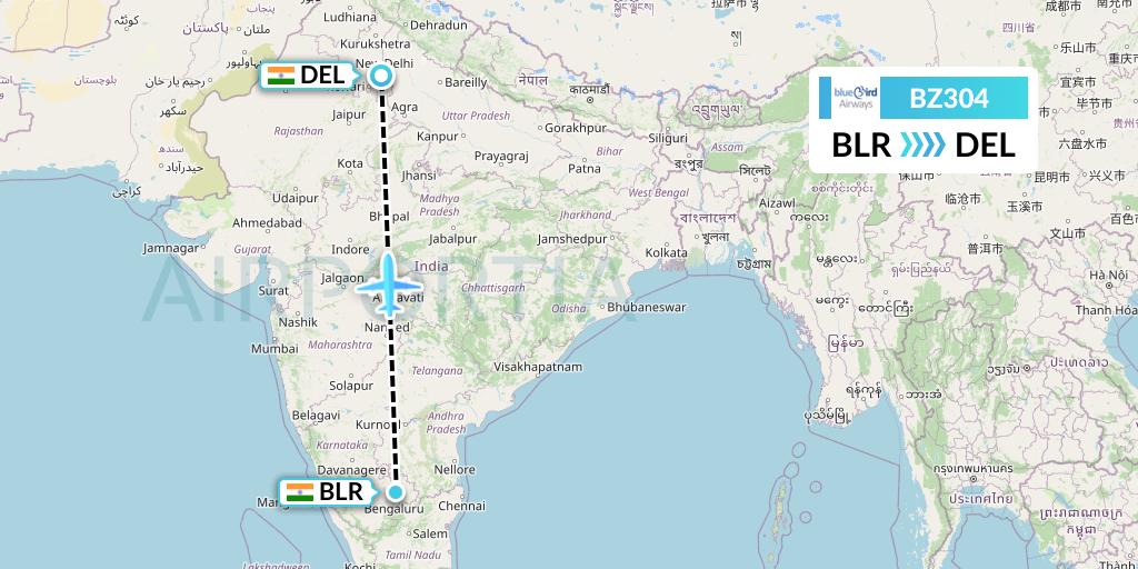 BZ304 Bluebird Airways Flight Map: Bangalore to Delhi