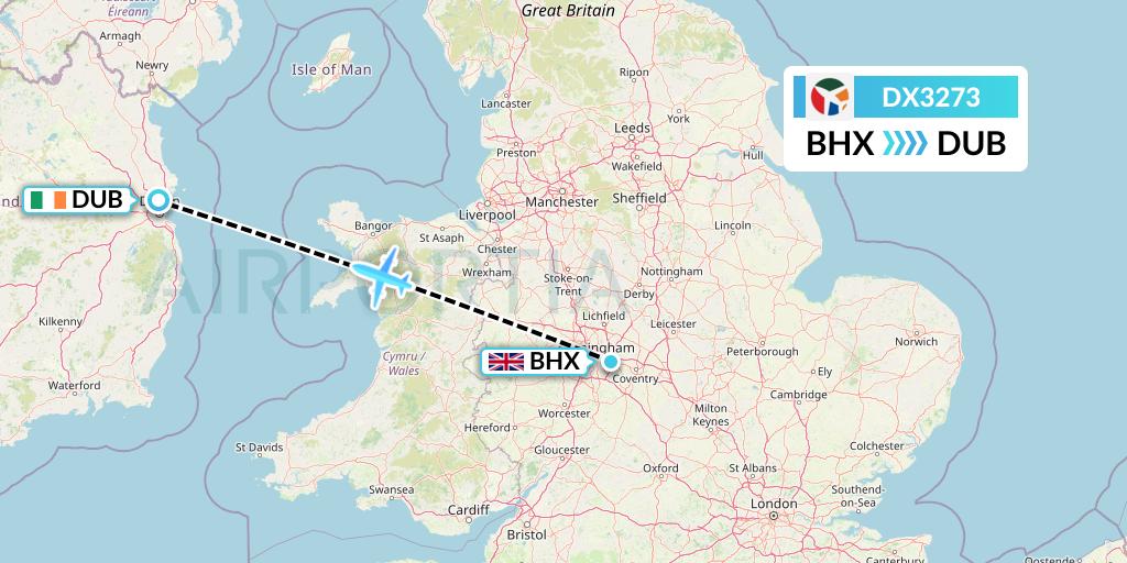 DX3273 Danish Air Transport Flight Map: Birmingham to Dublin