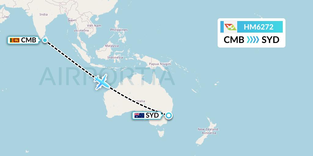 HM6272 Air Seychelles Flight Map: Colombo to Sydney