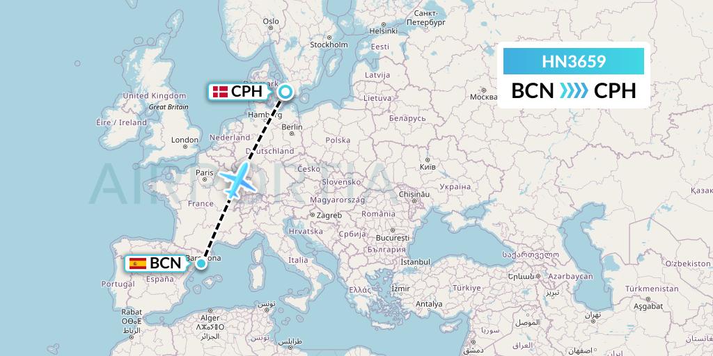 HN3659 Uab Heston Airlines Jsc Heston Airl Flight Map: Barcelona to Copenhagen