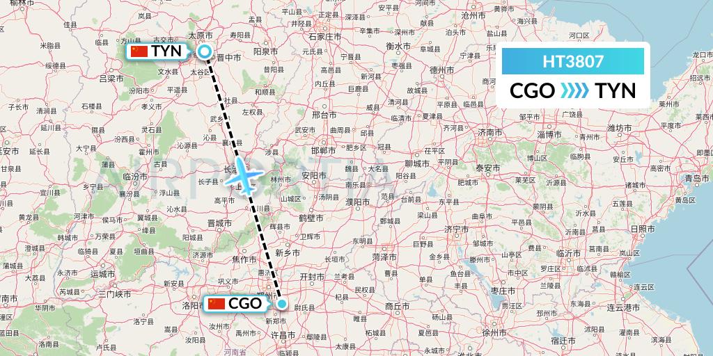 HT3807 Ningxia Cargo Airlines CO.,LTD Flight Map: Zhengzhou to Taiyuan