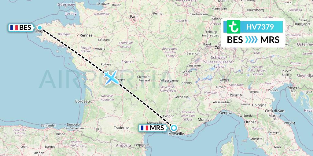 HV7379 Transavia Flight Map: Brest to Marseille