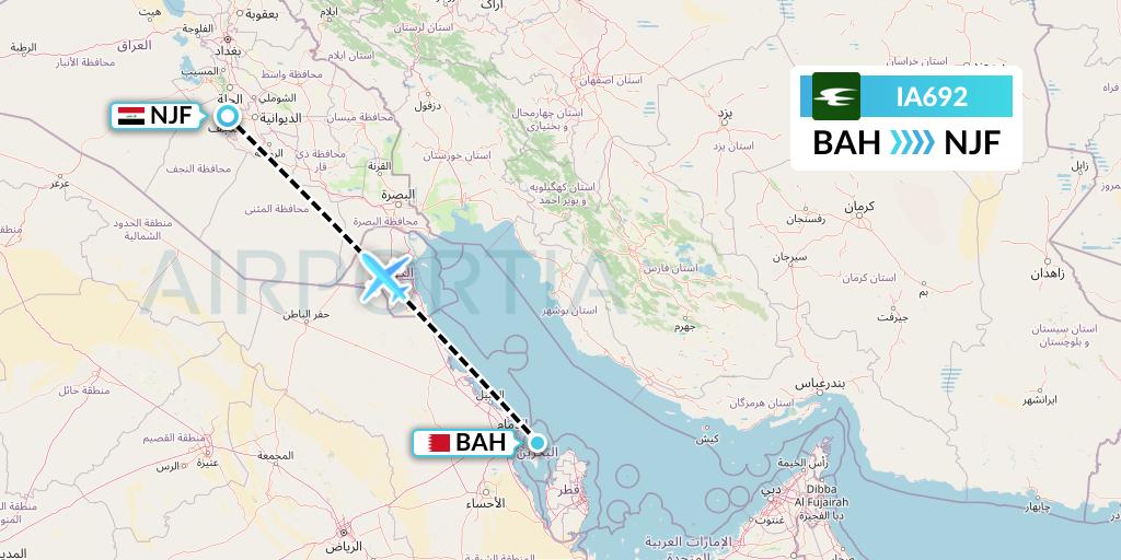 IA692 Iraqi Airways Flight Map: Bahrain to Najaf