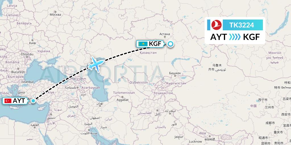 TK3224 Turkish Airlines Flight Map: Antalya to Karaganda