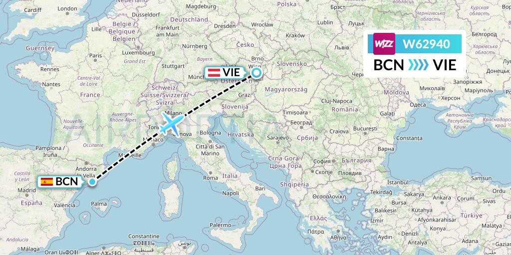 W62940 Wizz Air Flight Map: Barcelona to Vienna