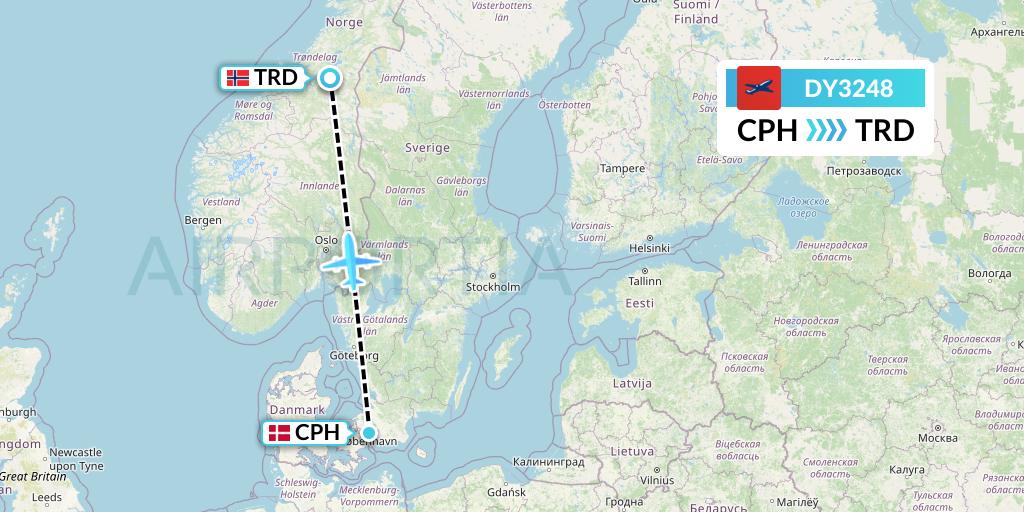 DY3248 Norwegian Flight Map: Copenhagen to Trondheim