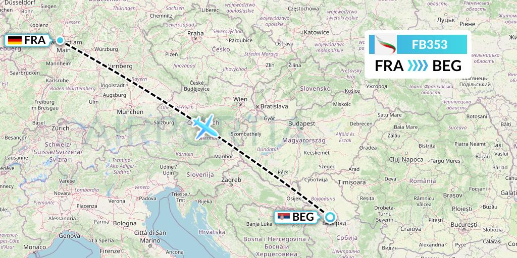 FB353 Bulgaria Air Flight Map: Frankfurt to Belgrade