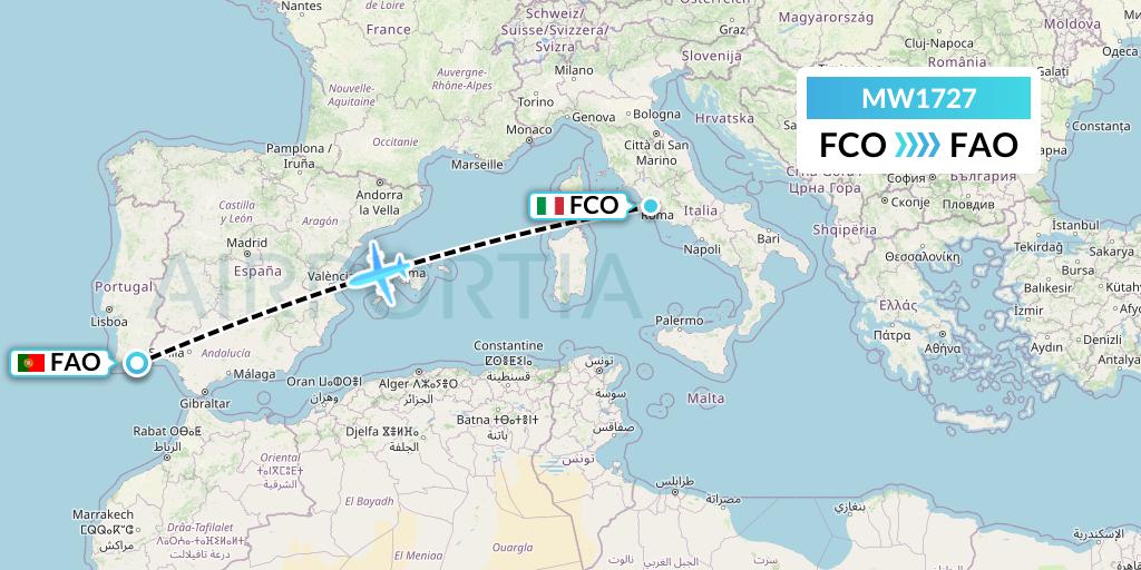 MW1727 Mokulele Flight Service Flight Map: Rome to Faro