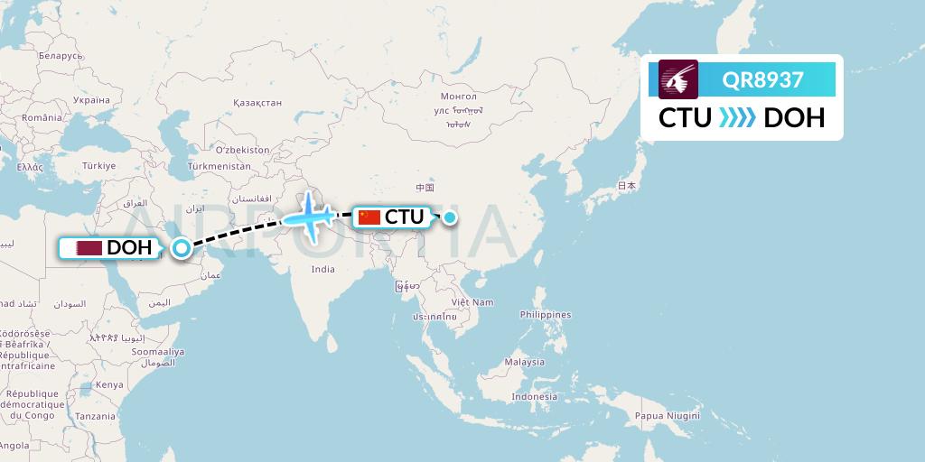 QR8937 Qatar Airways Flight Map: Chengdu to Doha