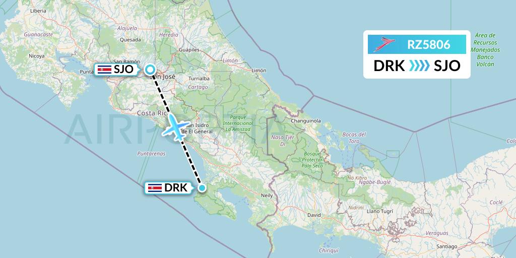 RZ5806 Sansa Airlines Flight Map: Agujitas de Drake to San Jose
