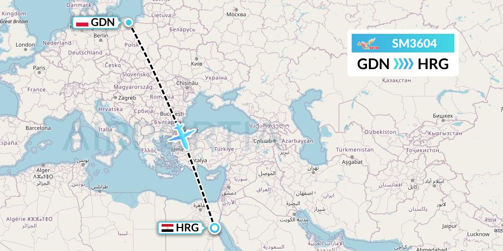 SM3604 Air Cairo Flight Map: Gdansk to Hurghada