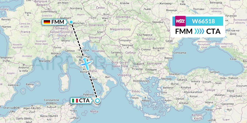 W66518 Wizz Air Flight Map: Memmingen to Catania