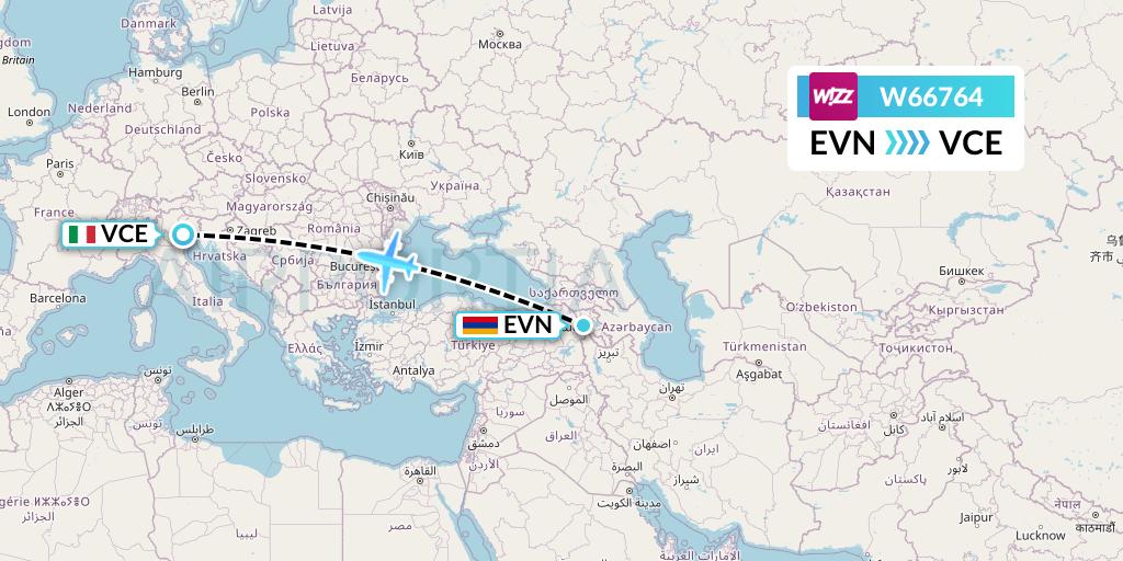 W66764 Wizz Air Flight Map: Yerevan to Venice