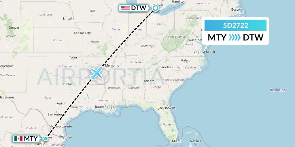 5D2722 Aeromexico Connect Flight Map: Monterrey to Detroit