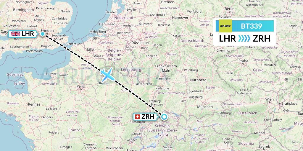 BT339 Air Baltic Flight Map: London to Zurich