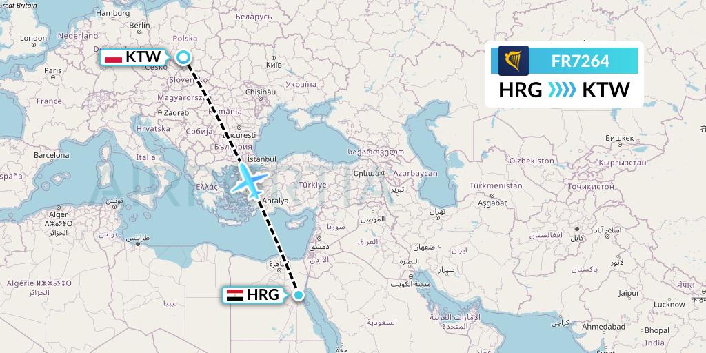 FR7264 Ryanair Flight Map: Hurghada to Katowice
