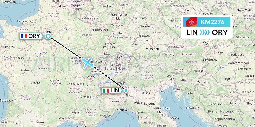 KM2276 Air Malta Flight Map: Milan to Paris