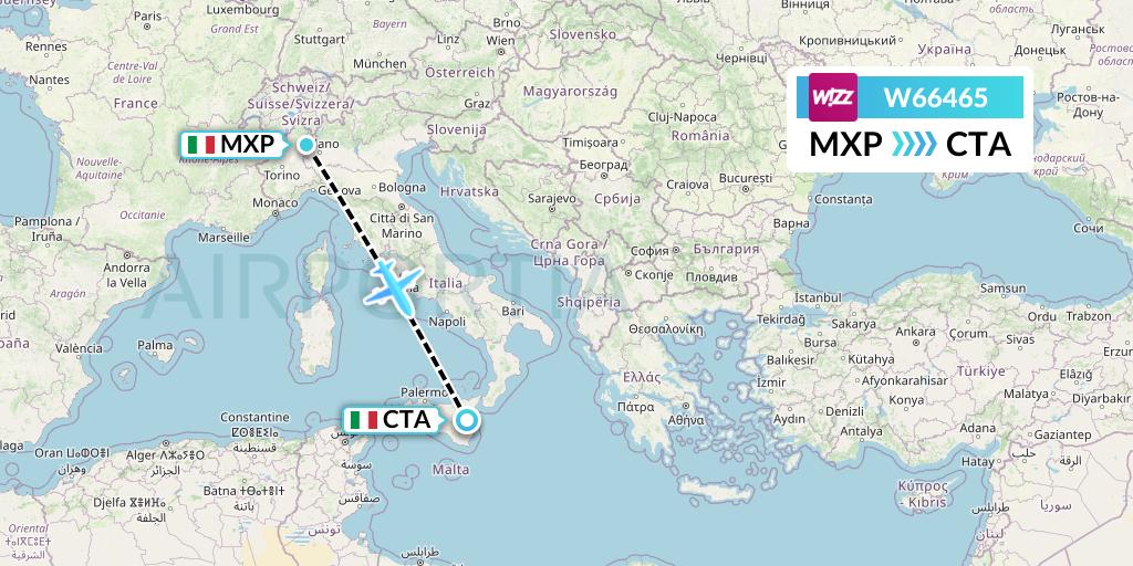 W66465 Wizz Air Flight Map: Milan to Catania