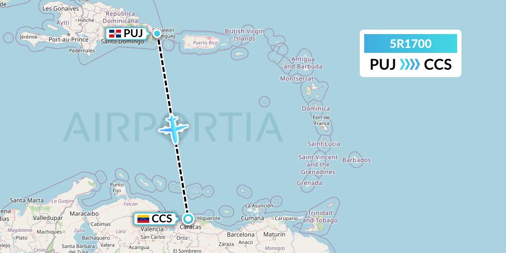 5R1700 Rutaca Airlines Flight Map: Punta Cana to Caracas