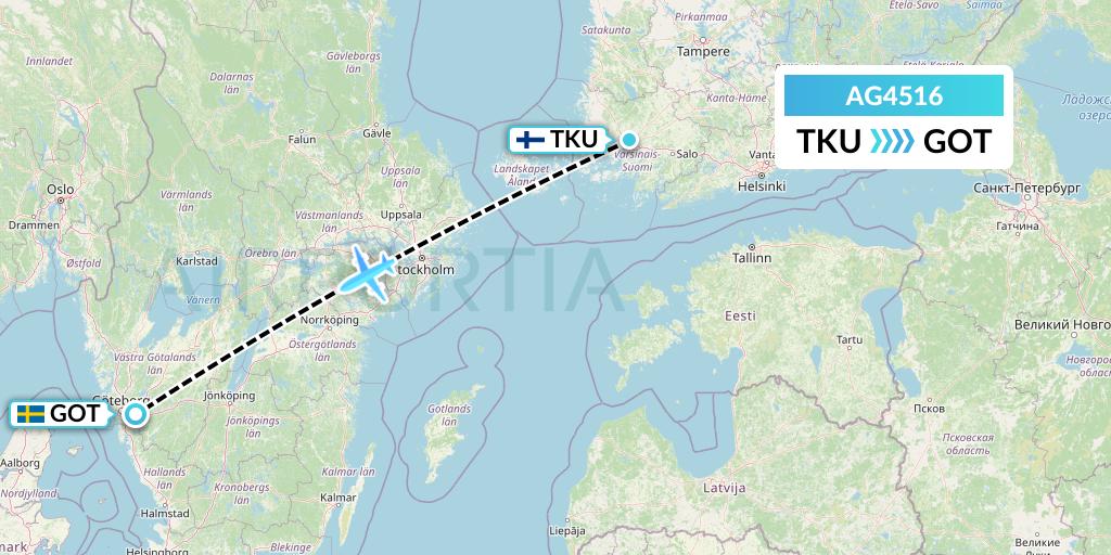 AG4516 Aruba Airlines Flight Map: Turku to Gothenburg