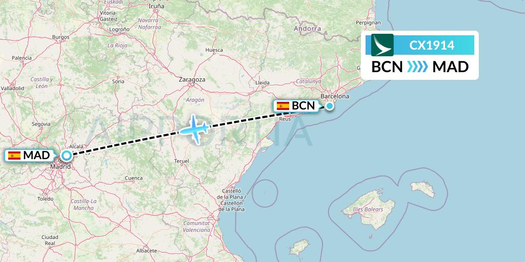 CX1914 Cathay Pacific Flight Map: Barcelona to Madrid