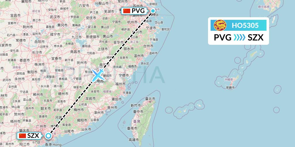 HO5305 Juneyao Airlines Flight Map: Shanghai to Shenzhen