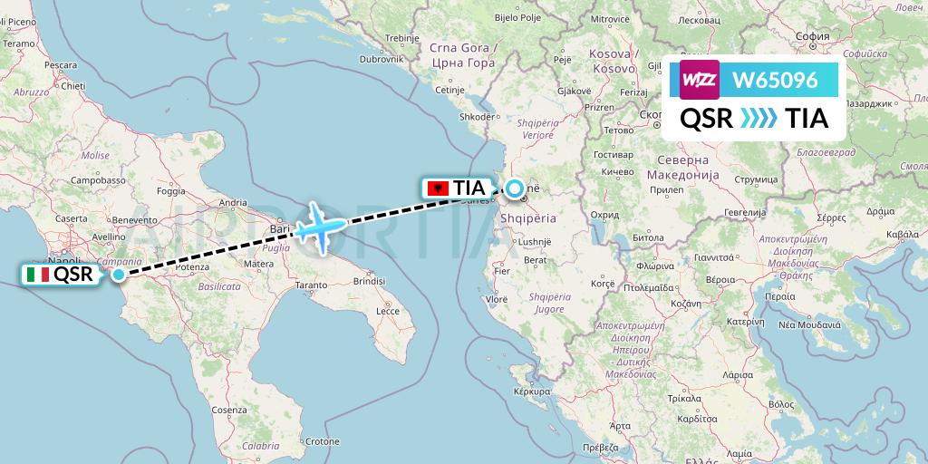 W65096 Wizz Air Flight Map: Salerno to Tirana