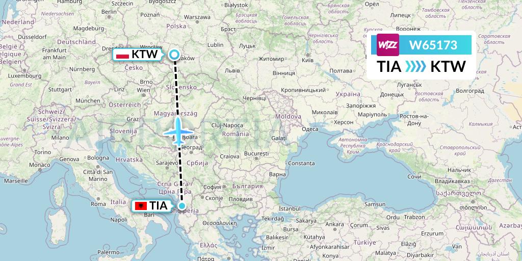 W65173 Wizz Air Flight Map: Tirana to Katowice