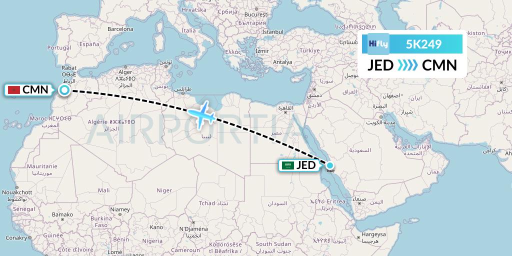 5K249 Hi Fly Flight Map: Jeddah to Casablanca