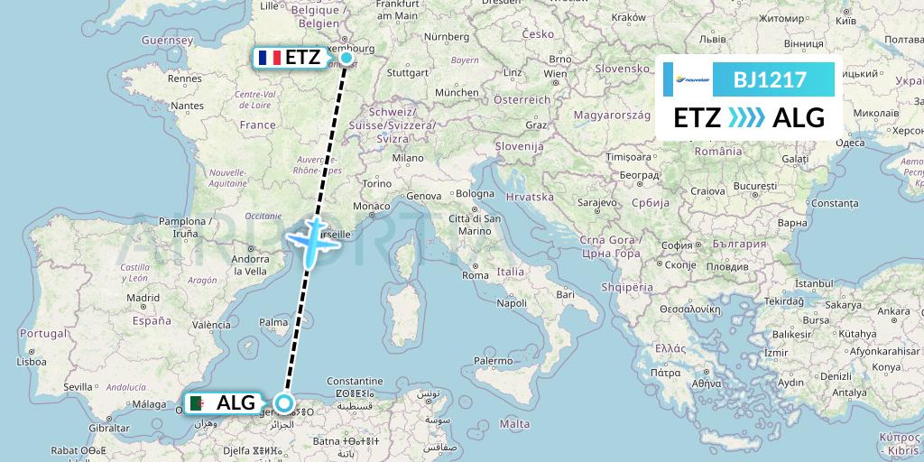 BJ1217 Nouvelair Tunisie Flight Map: Metz-Nancy to Algiers