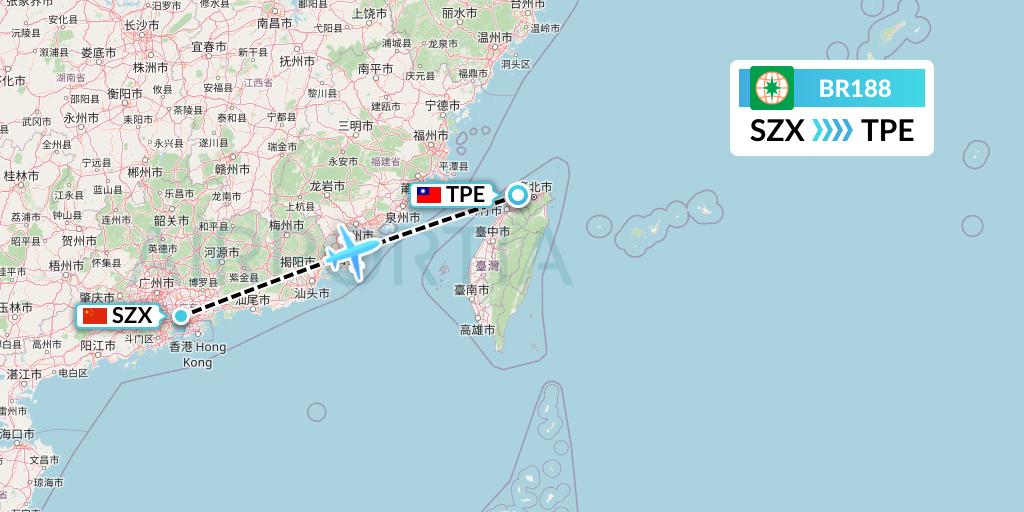 BR188 EVA Air Flight Map: Shenzhen to Taipei