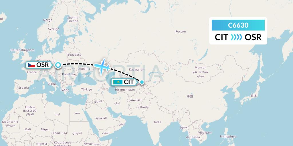 C6630 Capitol Air Express Flight Map: Shymkent to Ostrava