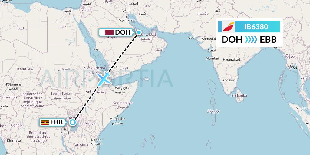 IB6380 Iberia Flight Map: Doha to Entebbe