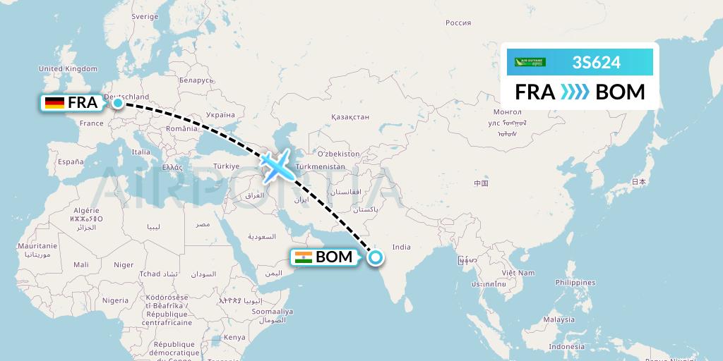 3S624 Air Antilles Express Flight Map: Frankfurt to Mumbai