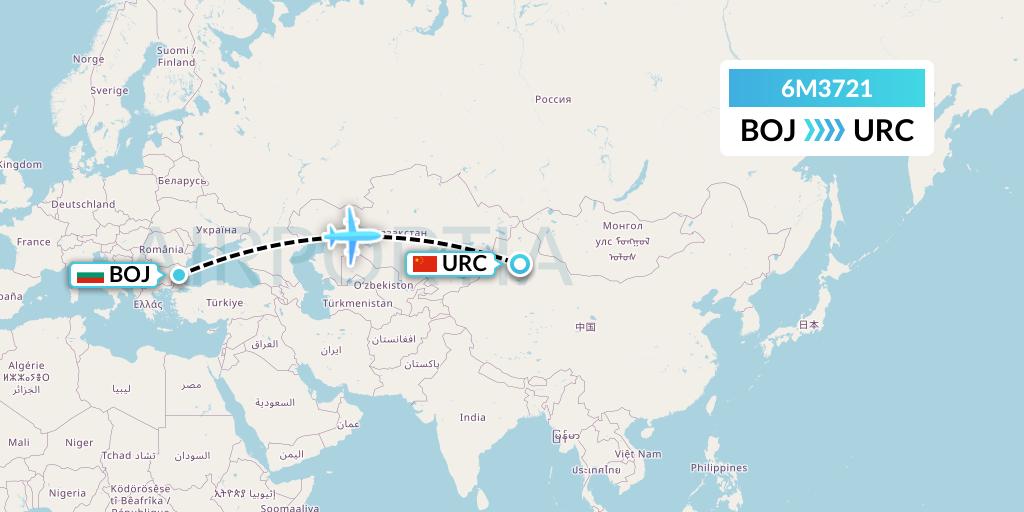 6M3721 Air Minas Flight Map: Burgas to Urumqi