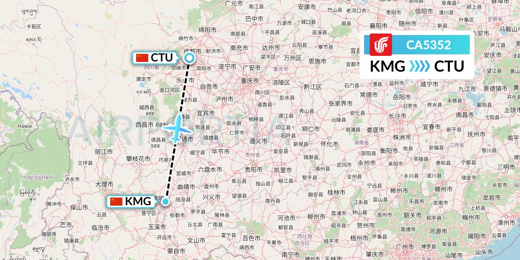 CA5352 Air China Flight Map: Kunming to Chengdu