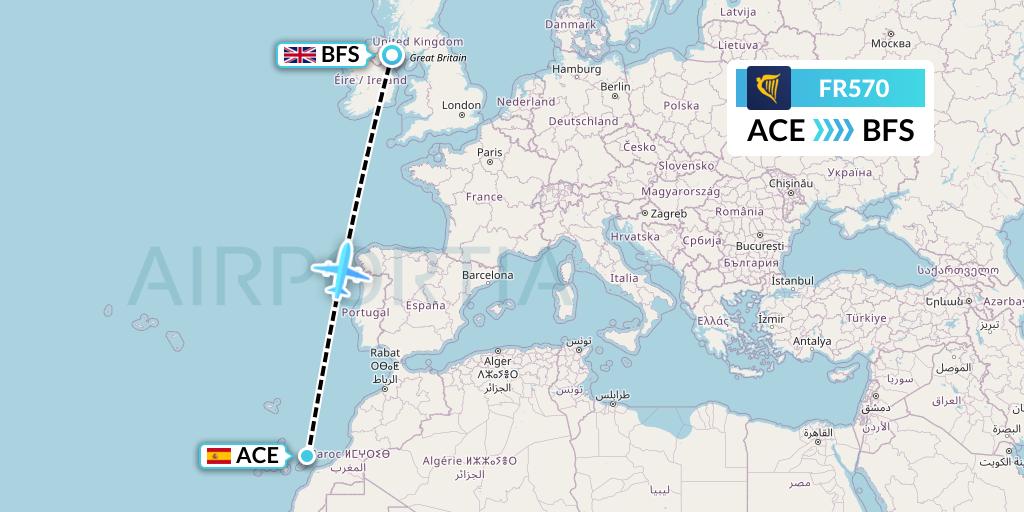 FR570 Ryanair Flight Map: Lanzarote to Belfast