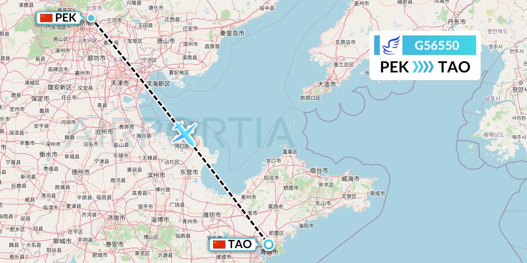 G56550 China Express Airlines Flight Map: Beijing to Qingdao