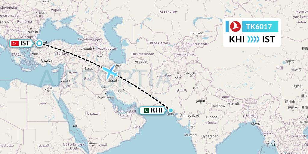 TK6017 Turkish Airlines Flight Map: Karachi to Istanbul