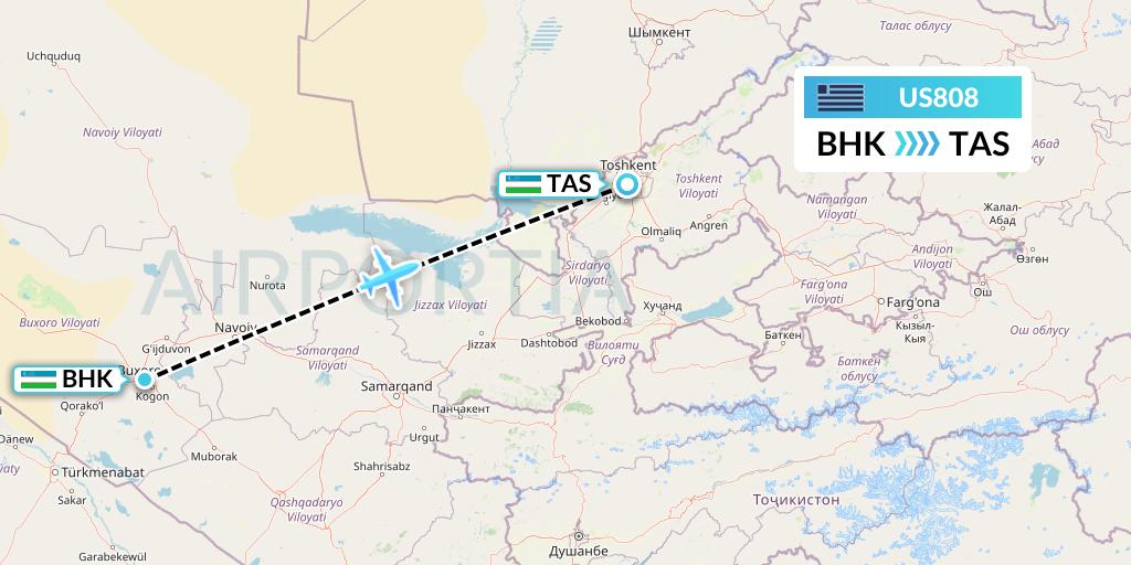 US808 US Airways Flight Map: Bukhara to Tashkent